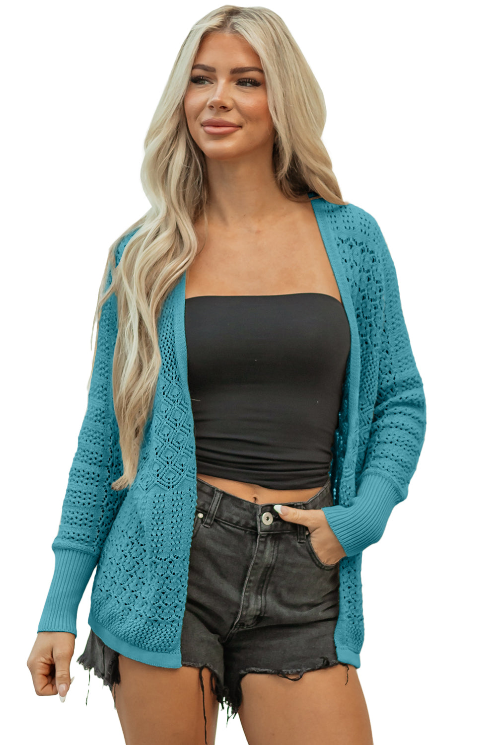 Jet Stream Mix Pattern Hollowed Knit Open Front Cardigan