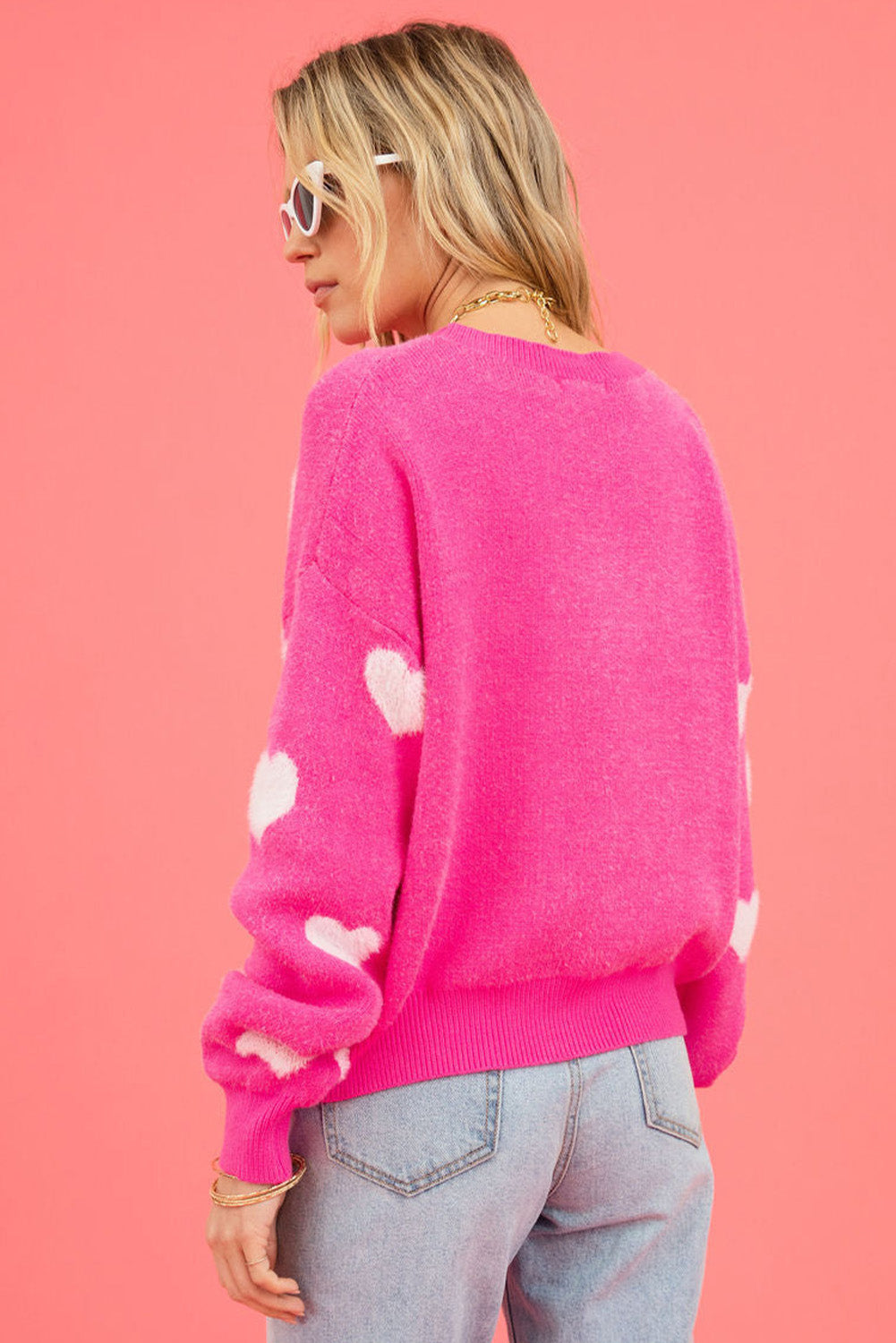 Bright Pink Fuzzy Valentine Hearts Drop Shoulder Sweater