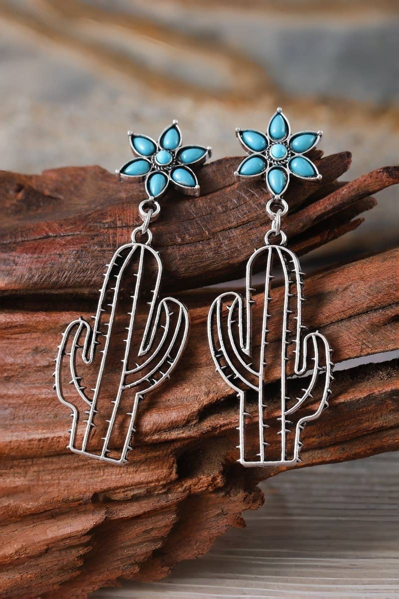 Bohemian Western Earrings: Turquoise Flower & Openwork Cacti