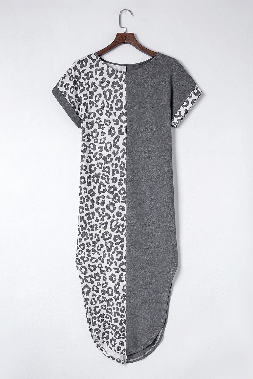 Black Contrast Solid Leopard Short Sleeve T-shirt Dress with Slits