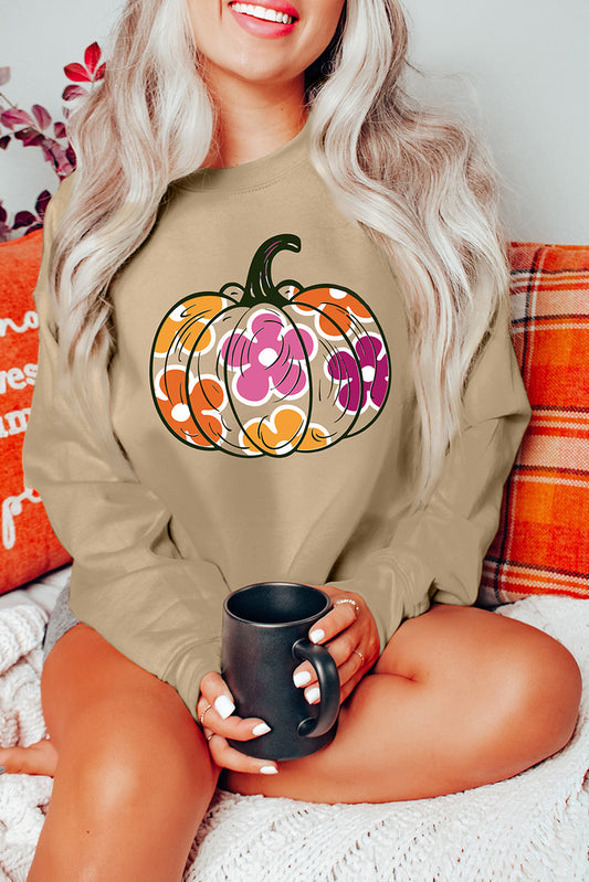 Khaki Halloween Floral Pumpkin Graphic Drop Shoulder Sweatshirt