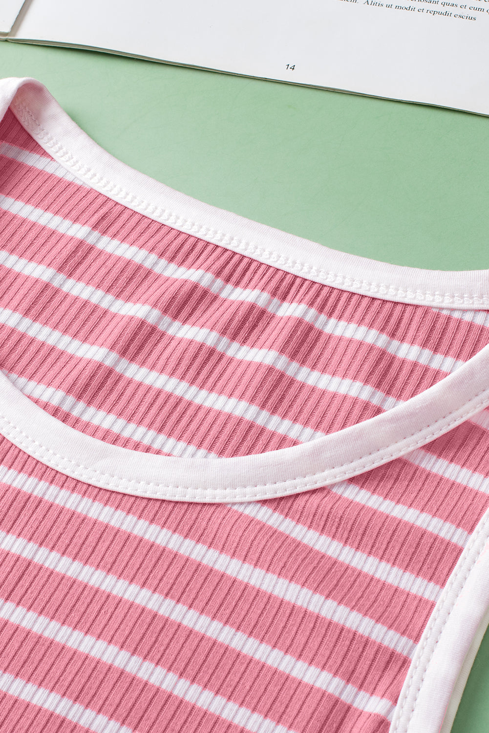 Pink Stripe Contrast Round Neck Sleeveless Slim Top