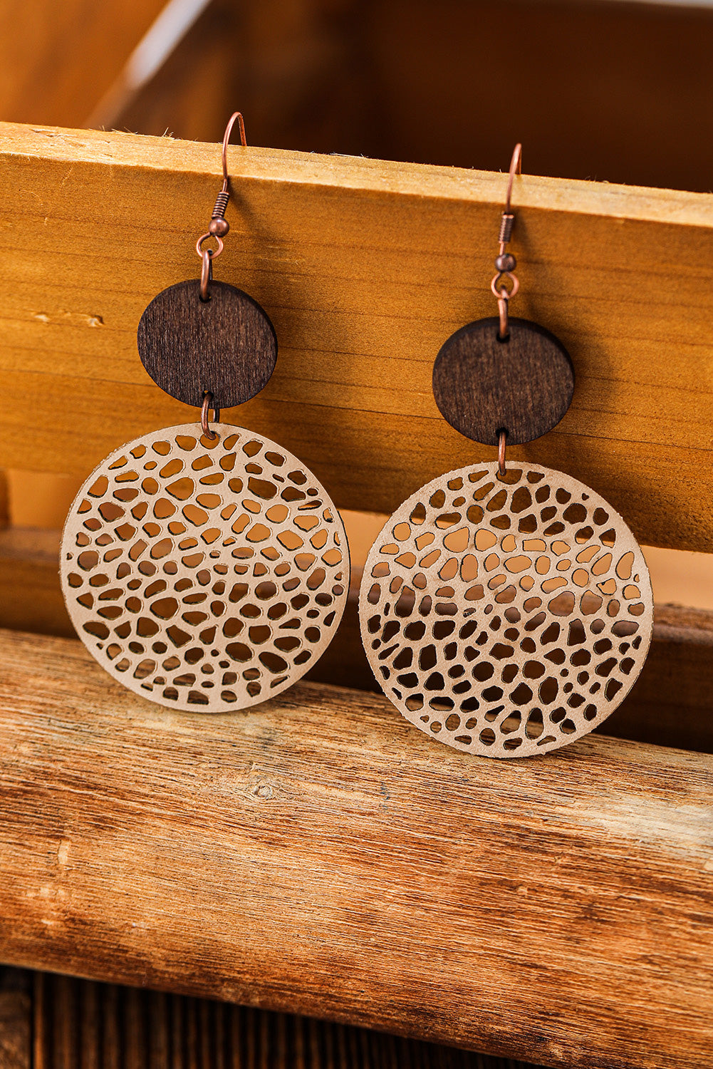 Black Hollow Out Wooden Round Drop Earrings