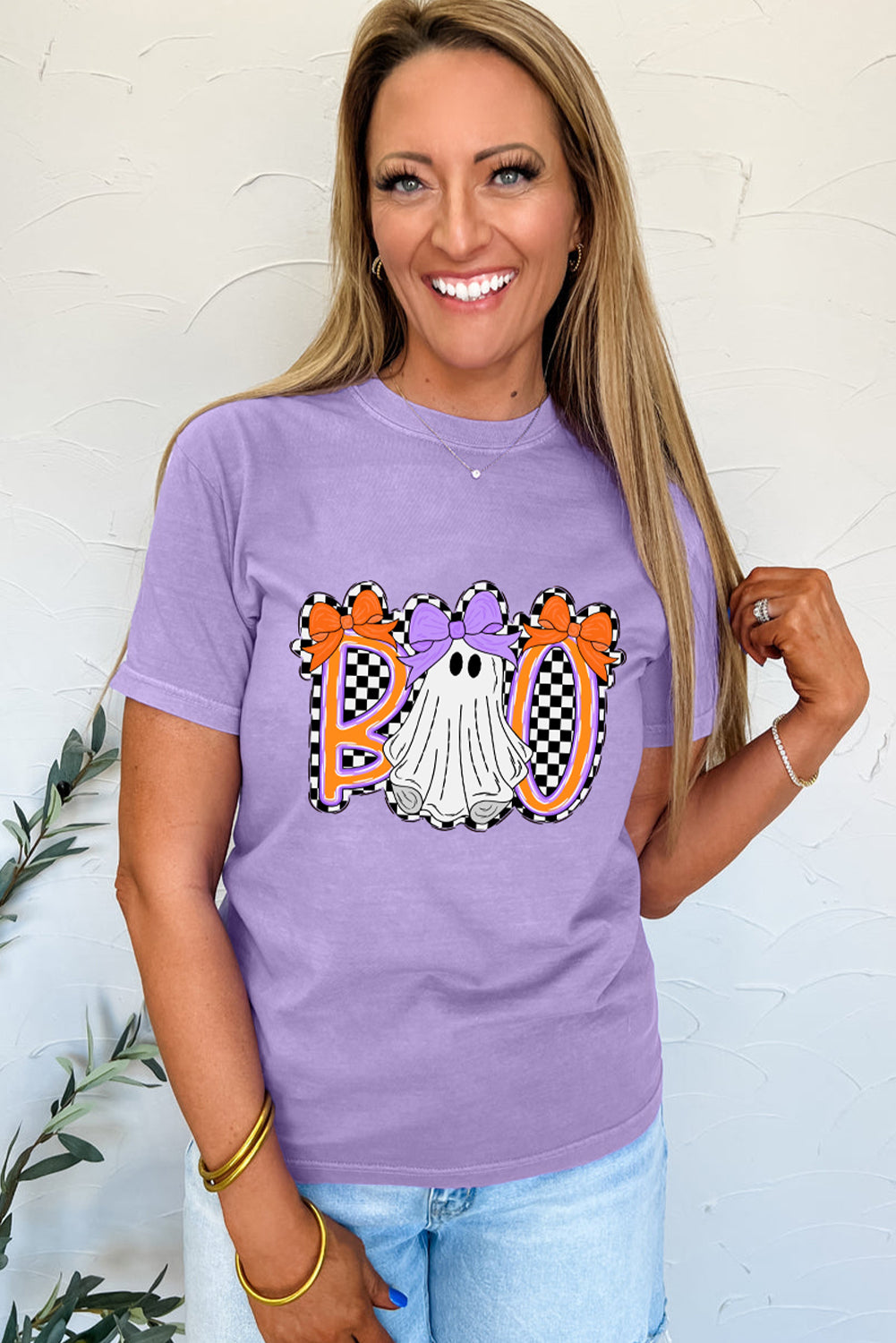 Wisteria Boo Checkered Bow Ghost Halloween Graphic Tee