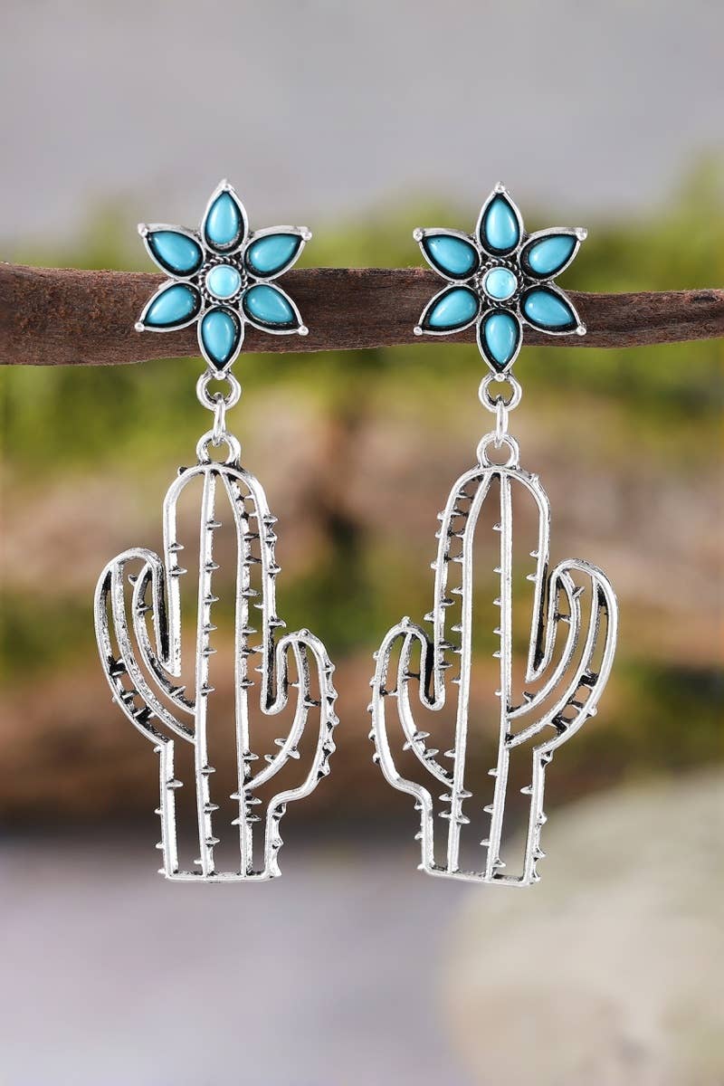 Bohemian Western Earrings: Turquoise Flower & Openwork Cacti