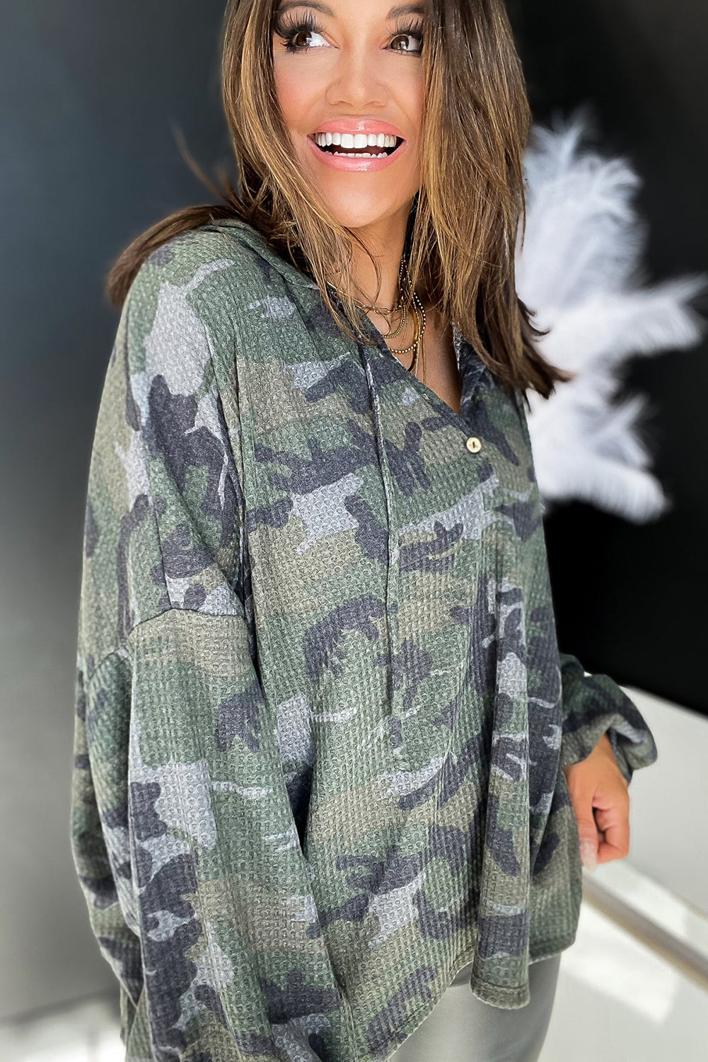 Green Camo Print Button Front Oversize Hoodie