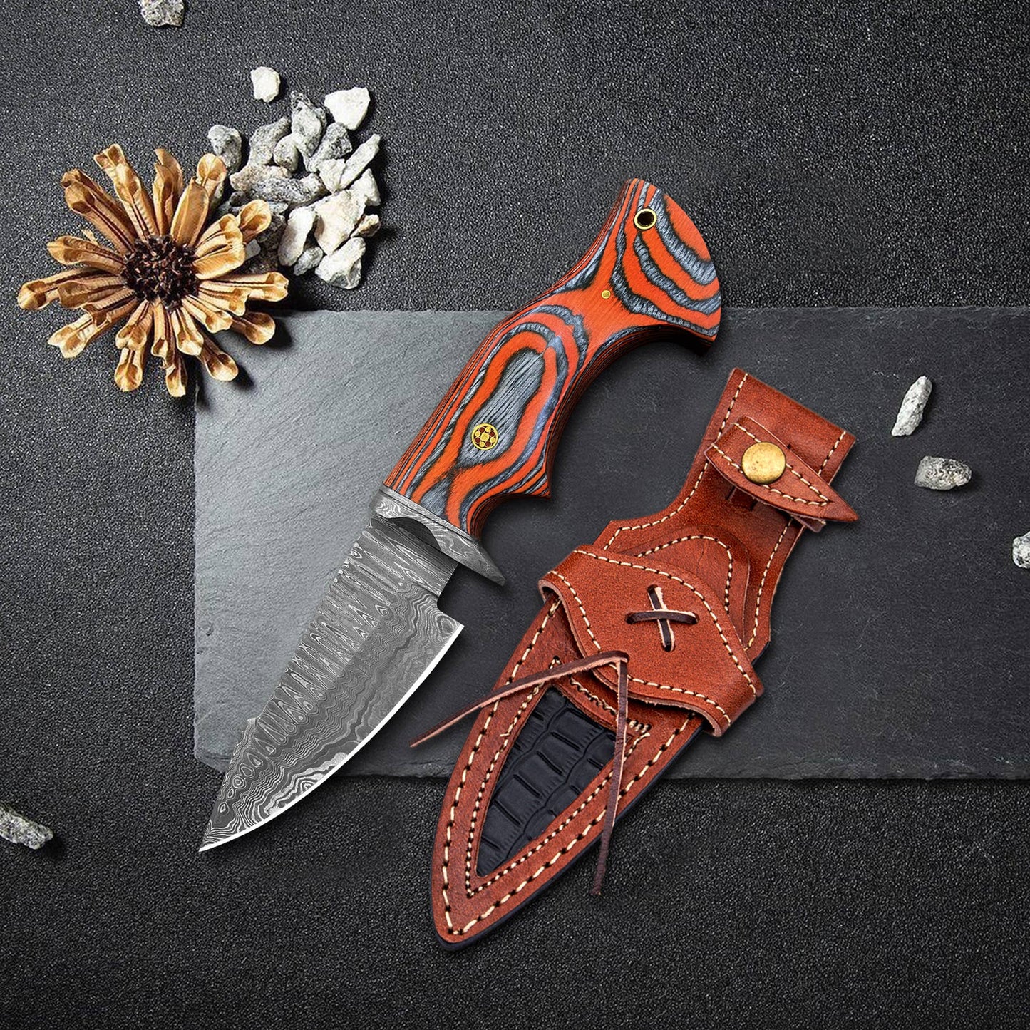 10' Handmade damascus steel knife with leather sheath