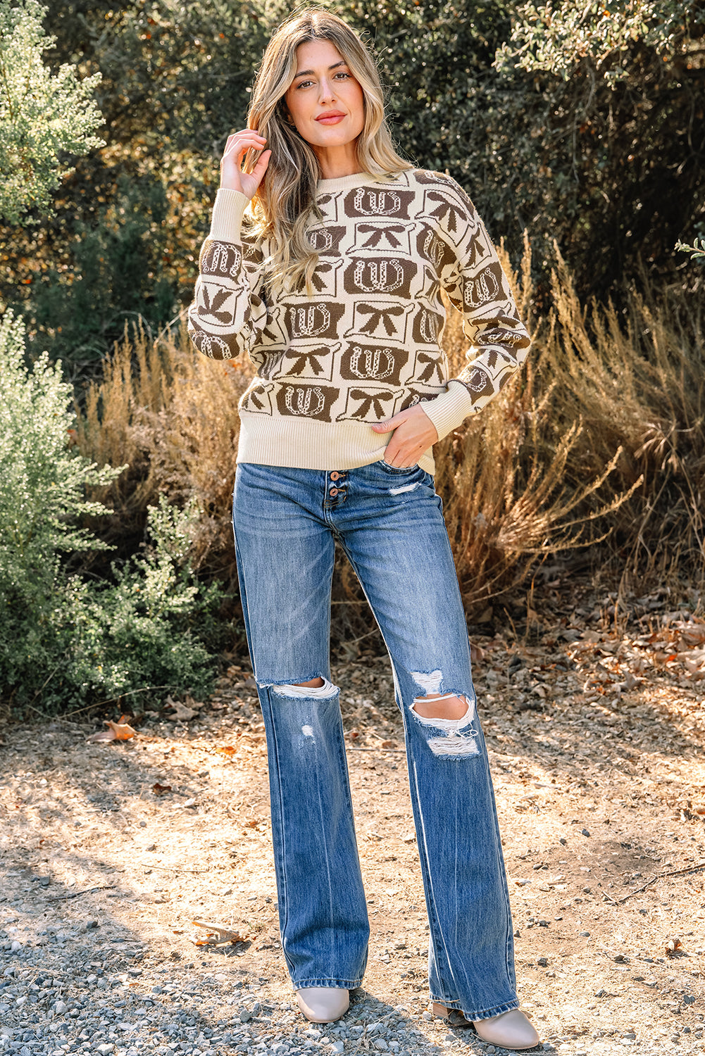 Pink Bows & Horseshoes Pattern Western Fashion Print Sweater