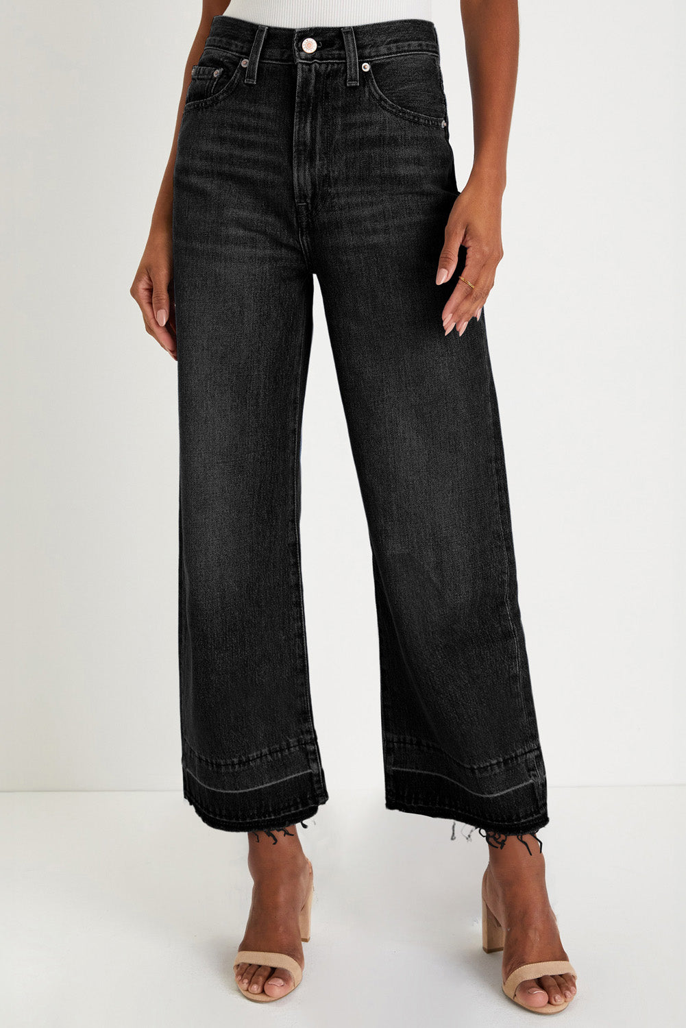 Navy Blue Raw Hem Straight Leg Loose High Waist Jeans