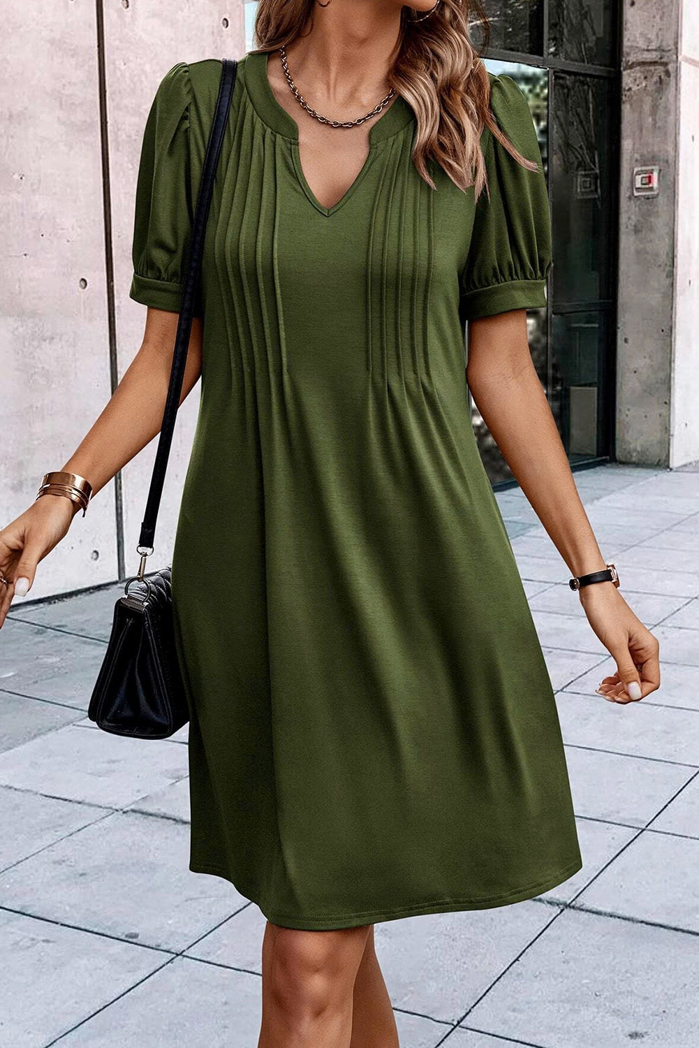 Black Notched Neck Pleated Puff Sleeve Shift T-shirt Dress