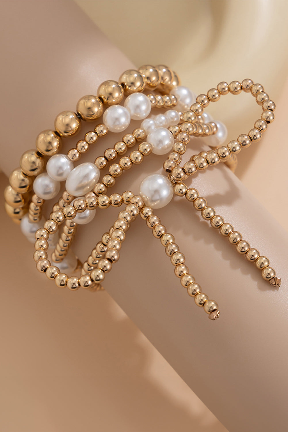 Gold Bow Knot Pearl Beaded Multi Layered Bracelet Set