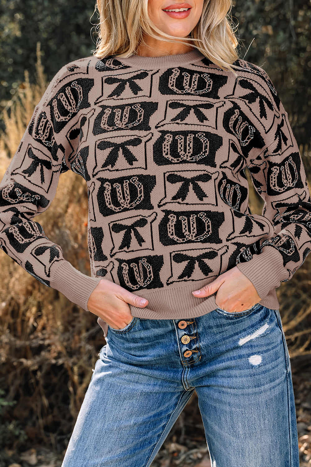 Pink Bows & Horseshoes Pattern Western Fashion Print Sweater