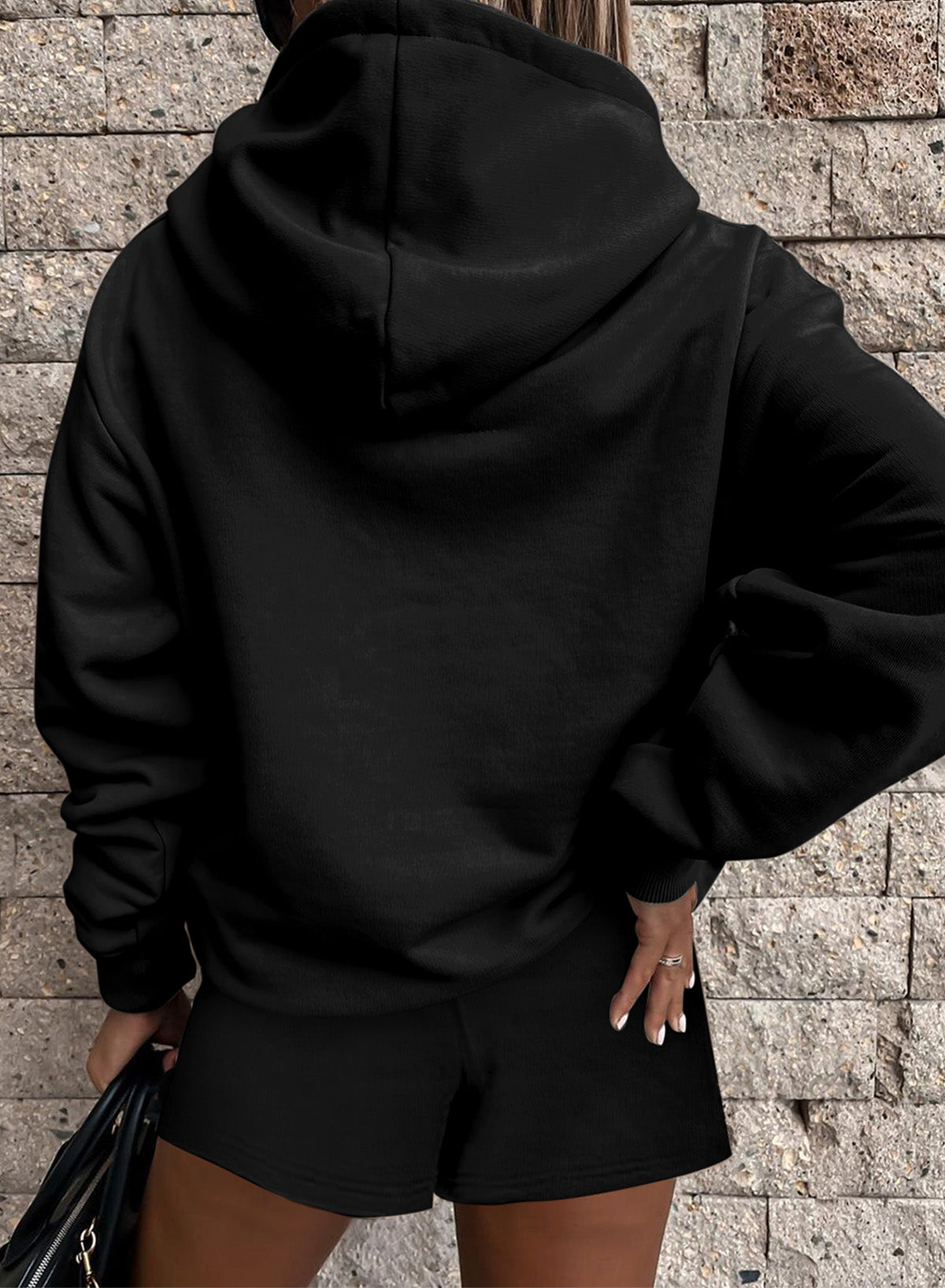 Navy Blue Button Drawstring Hooded Pullover and Casual Short Set