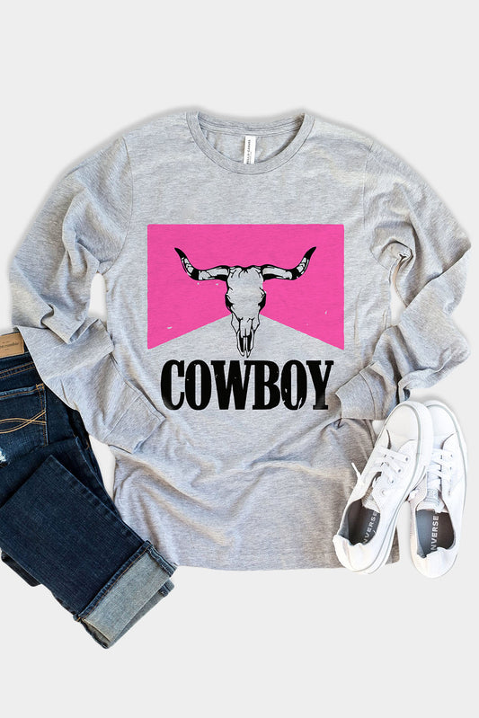 Gray Cowboy Steer Skull Print Western Grey Graphic Top