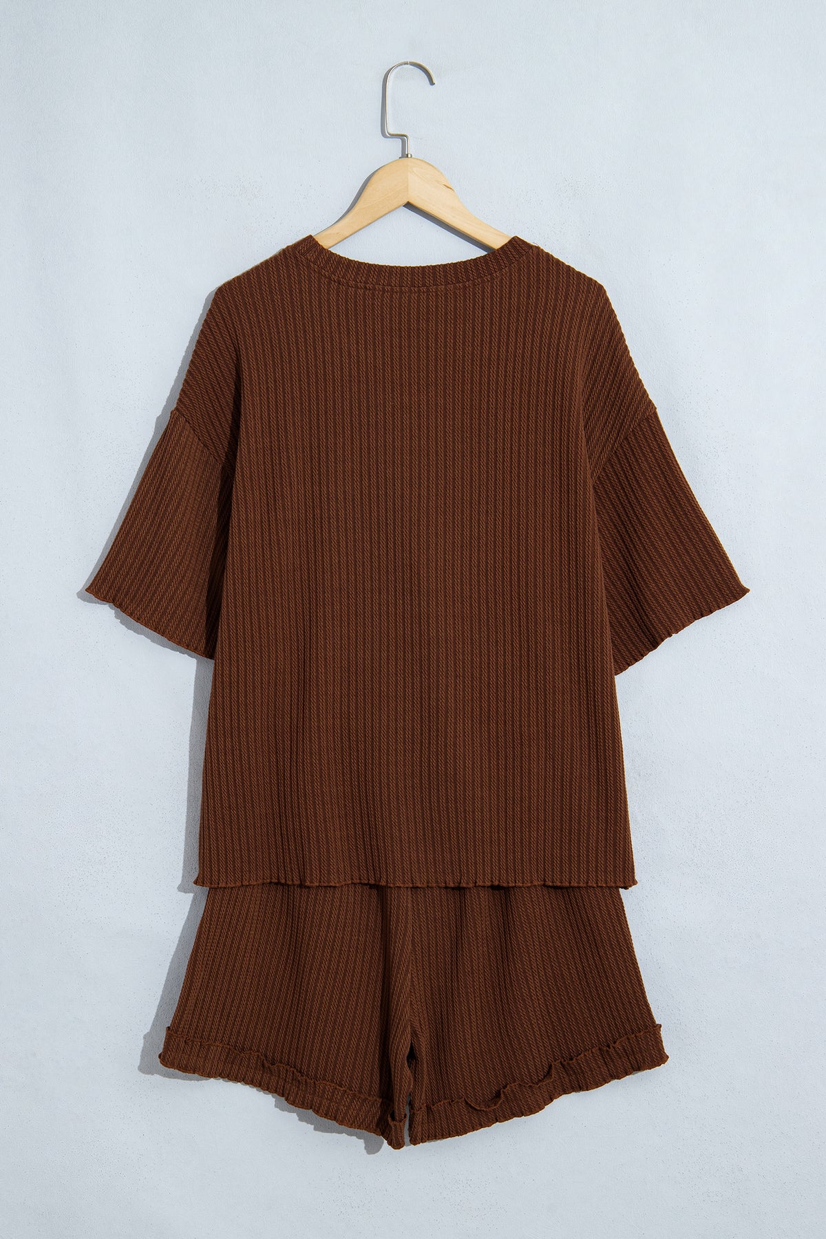 Dark Brown Textured Ribbed Knit Lettuce Trim 2pcs Lounge Set