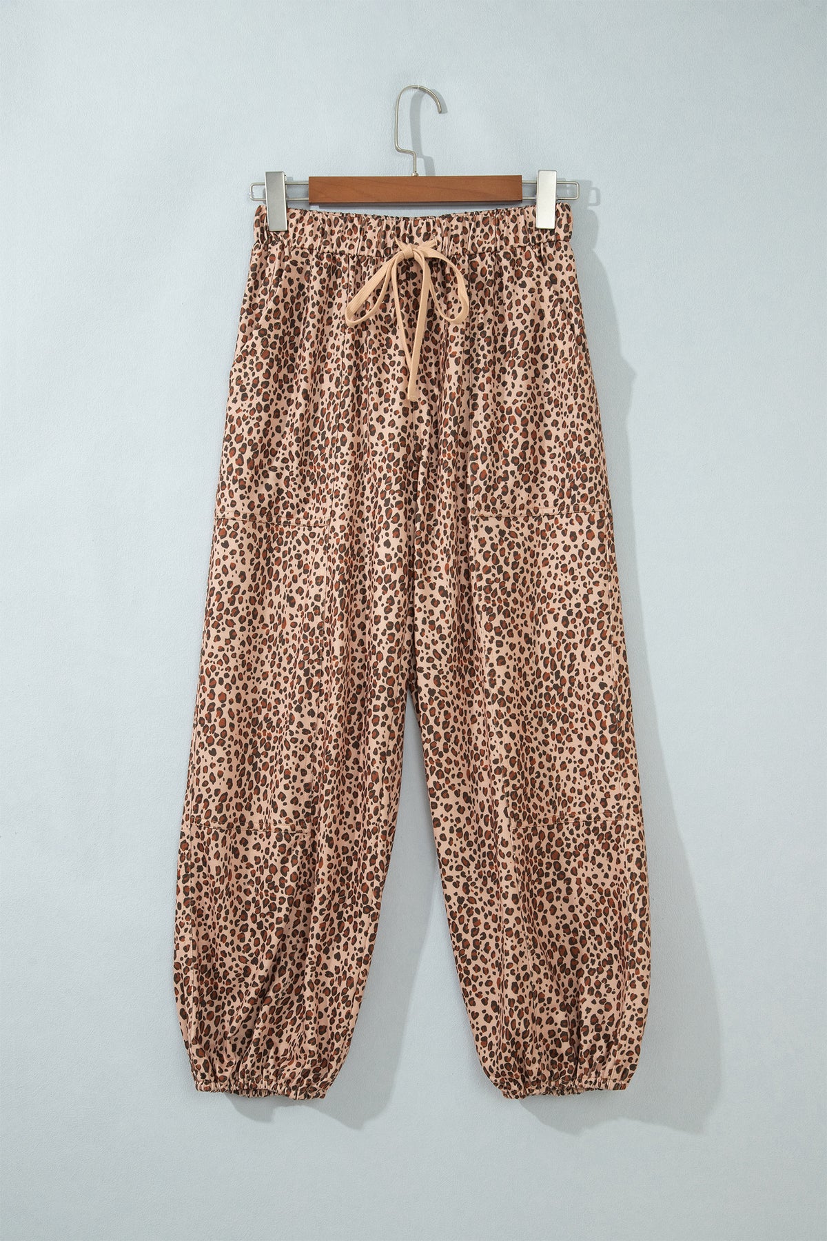 Khaki Leopard Print Drawstring Waist Patch Pockets Pants