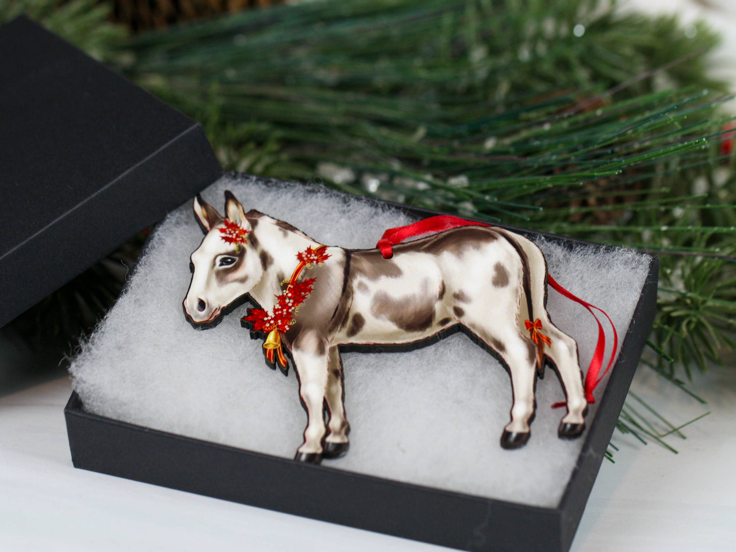 Spotted Gray and White Miniature Donkey Christmas Ornament