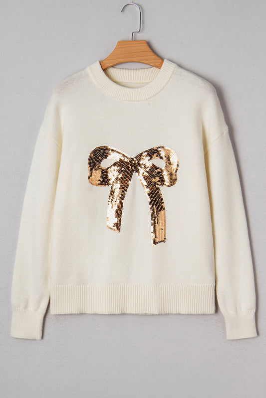 White Sequined Bow Graphic Christmas Holiday Sweater