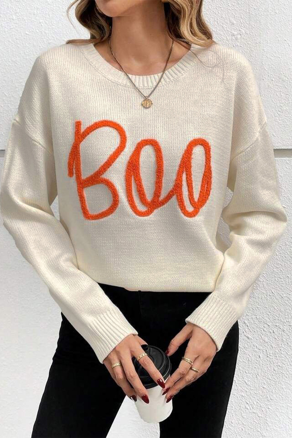 Apricot Boo Knitted Pattern Ribbed Edge Drop Shoulder Sweater