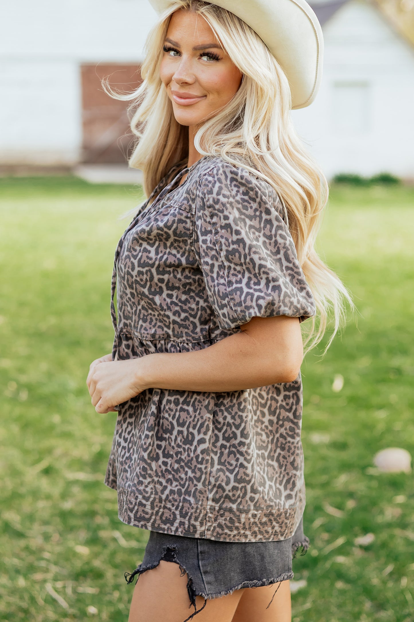 Brown Leopard Tie Neck Short Puff Sleeve Denim Babydoll Top