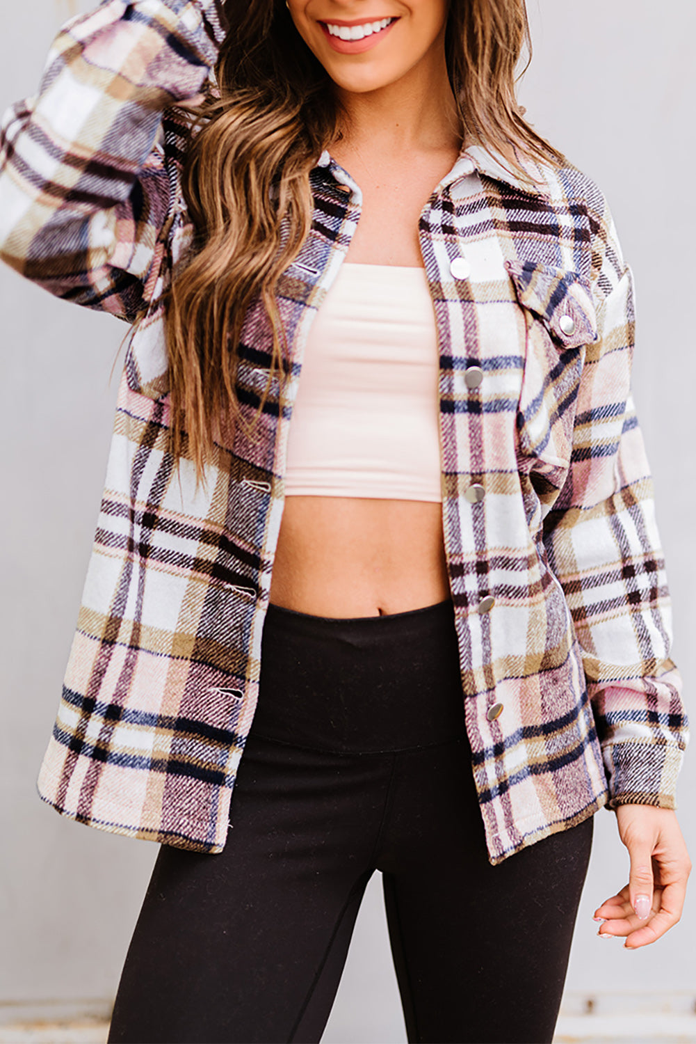 Geometric Plaid Print Pocketed Shacket