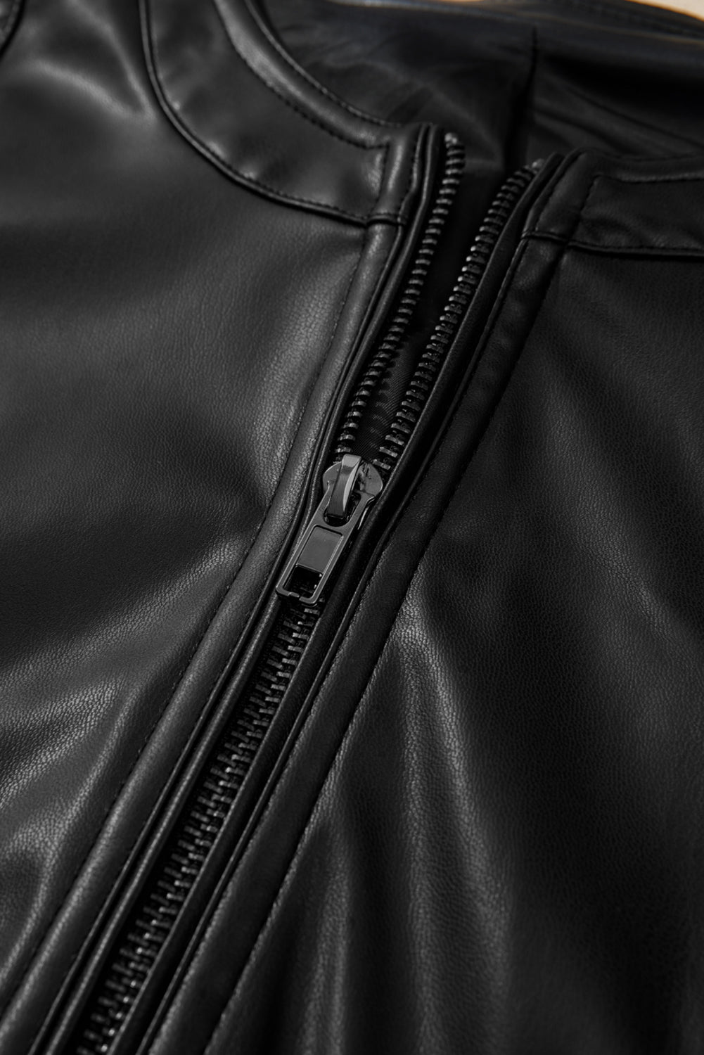 Black Solid Faux Leather Zipper Slim Fit Bomber Jacket