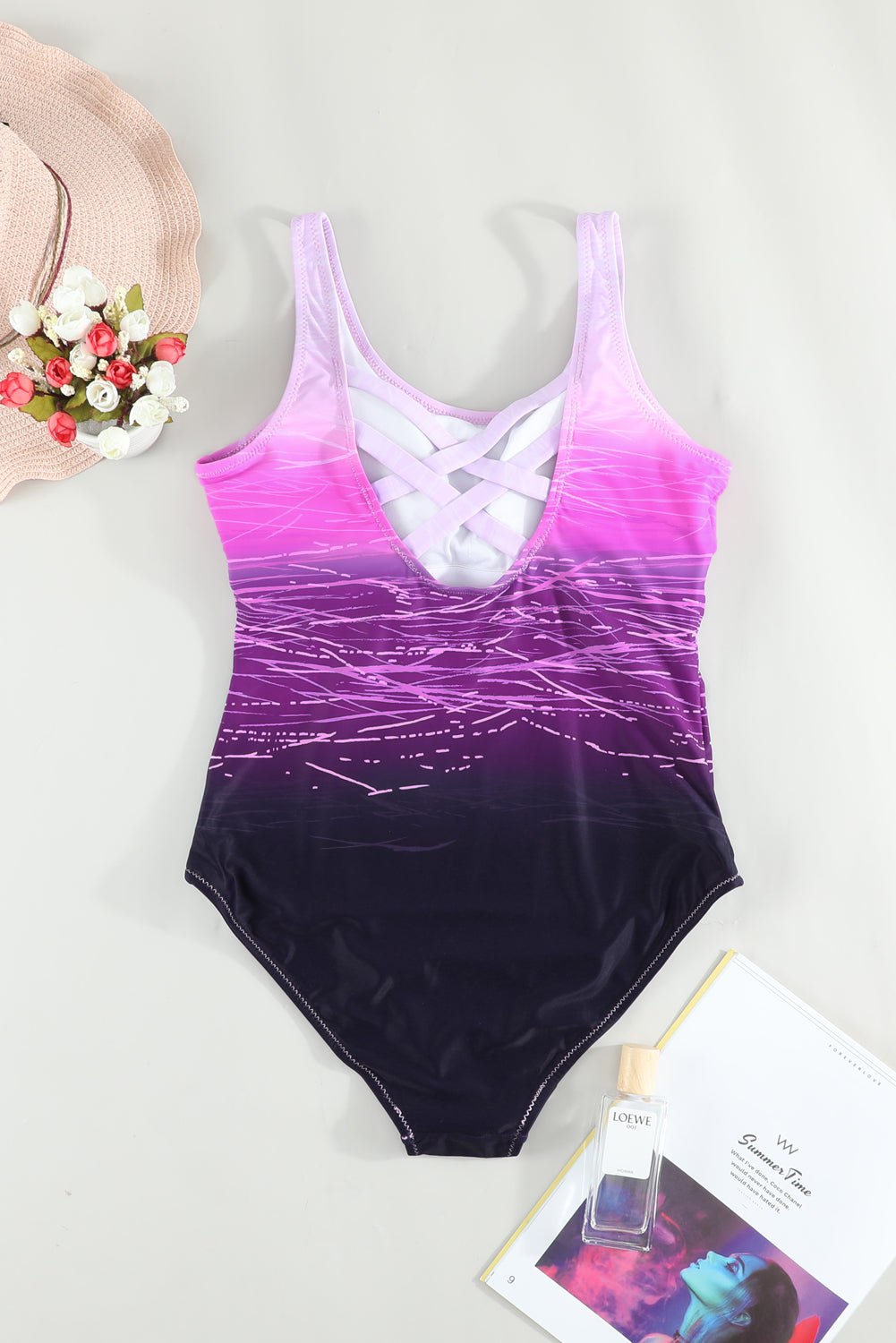 Purple Gradient Criss Cross Back One Piece Swimsuit