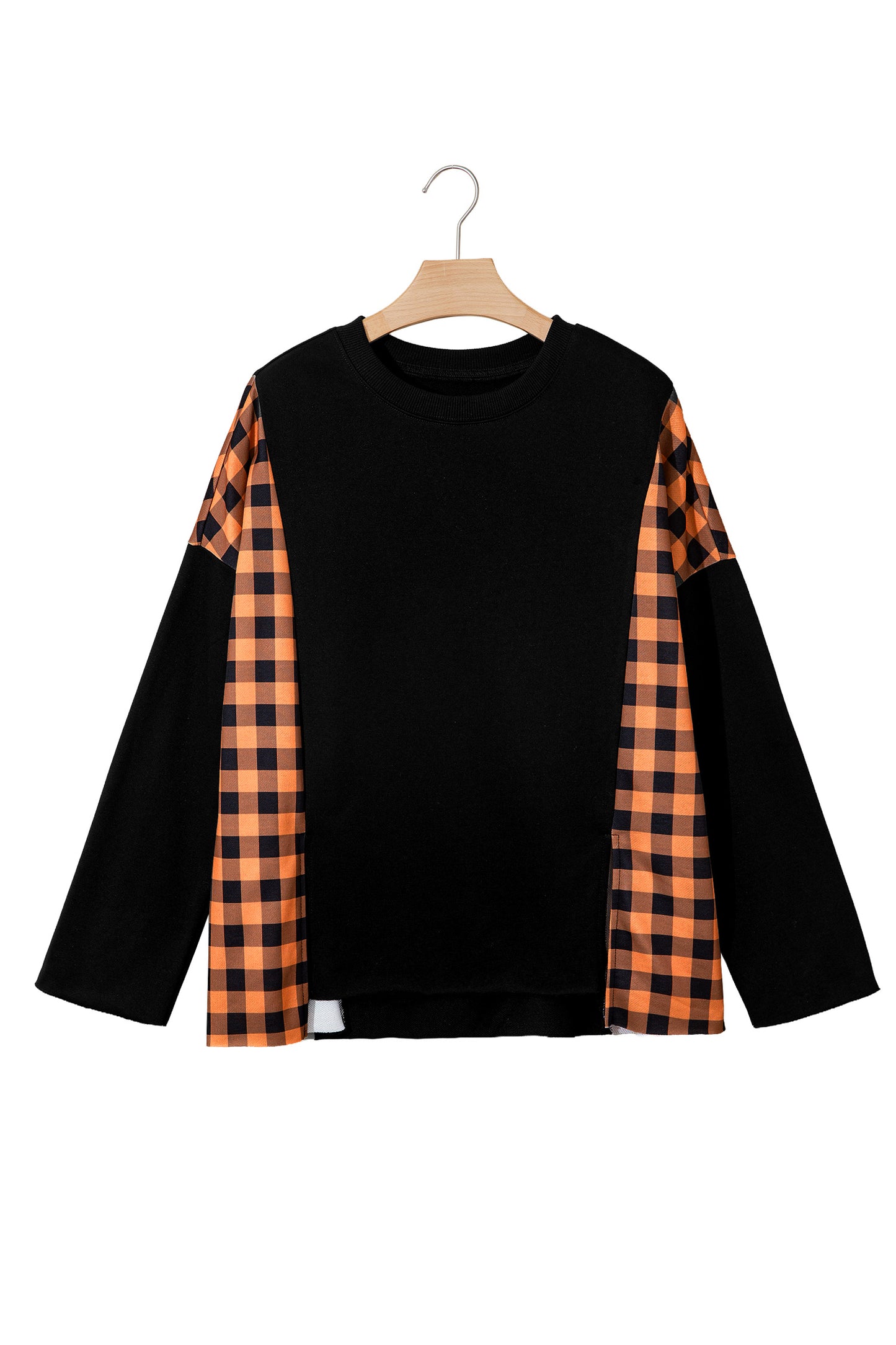 Black Patchwork Plaid Pumpkin Face Long Sleeve Top