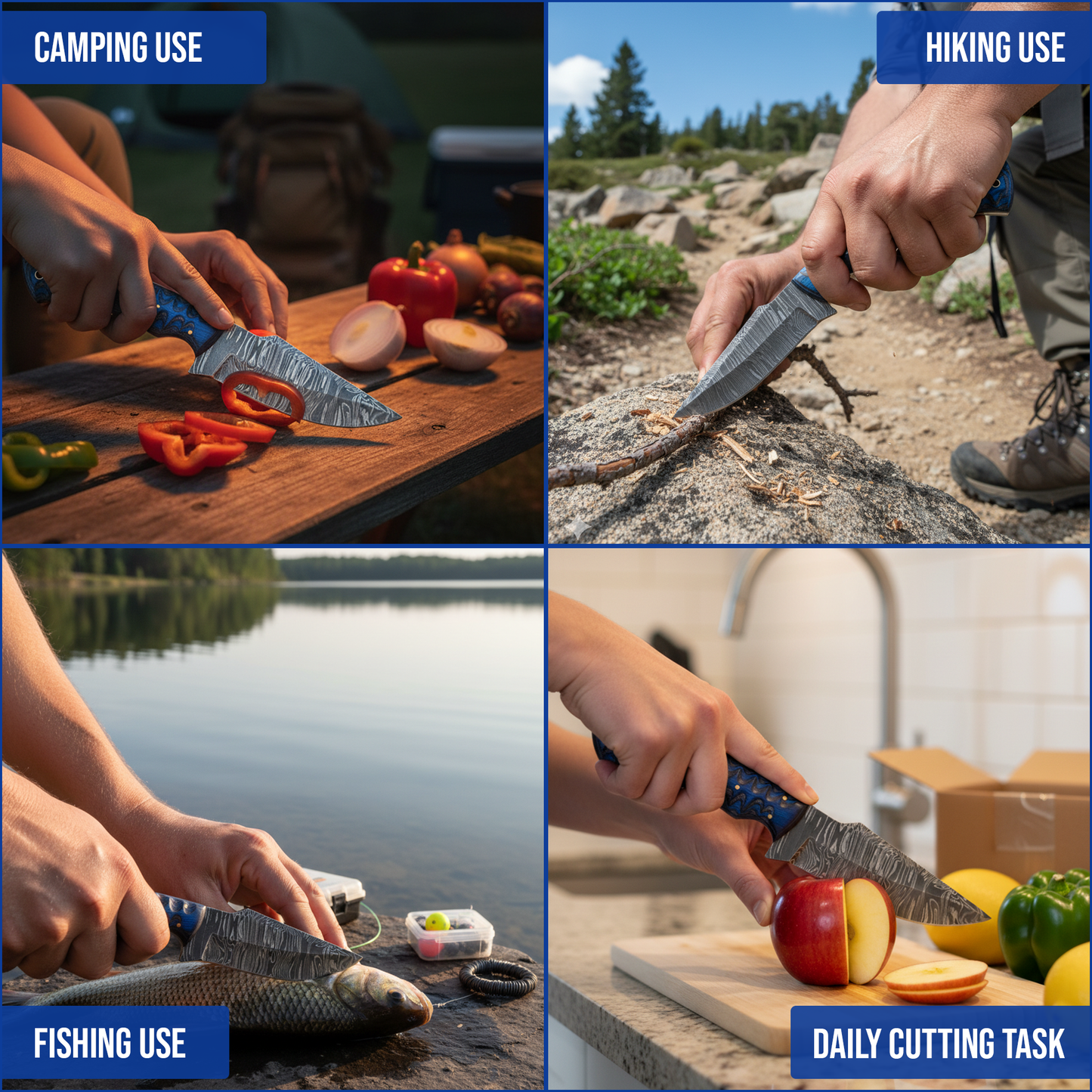 9.5' Grooved handle Damascus knife with leather sheath