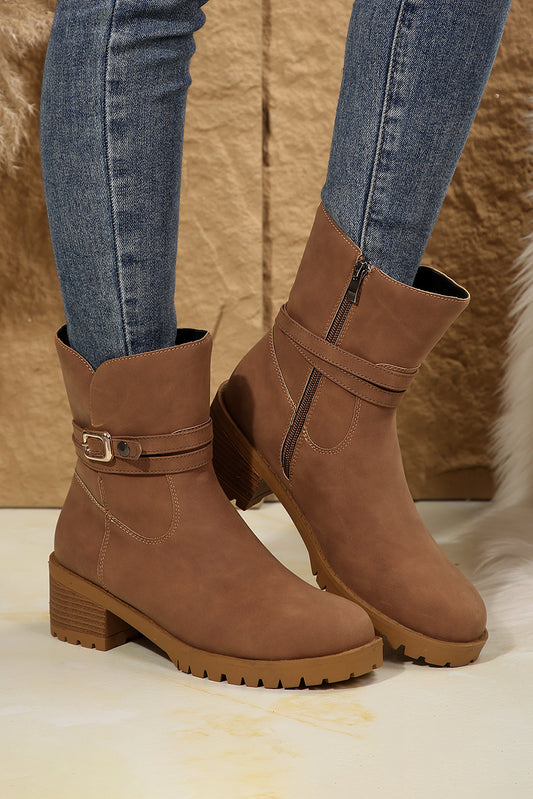 Chestnut Suede Buckle Decor Heeled Ankle Boots