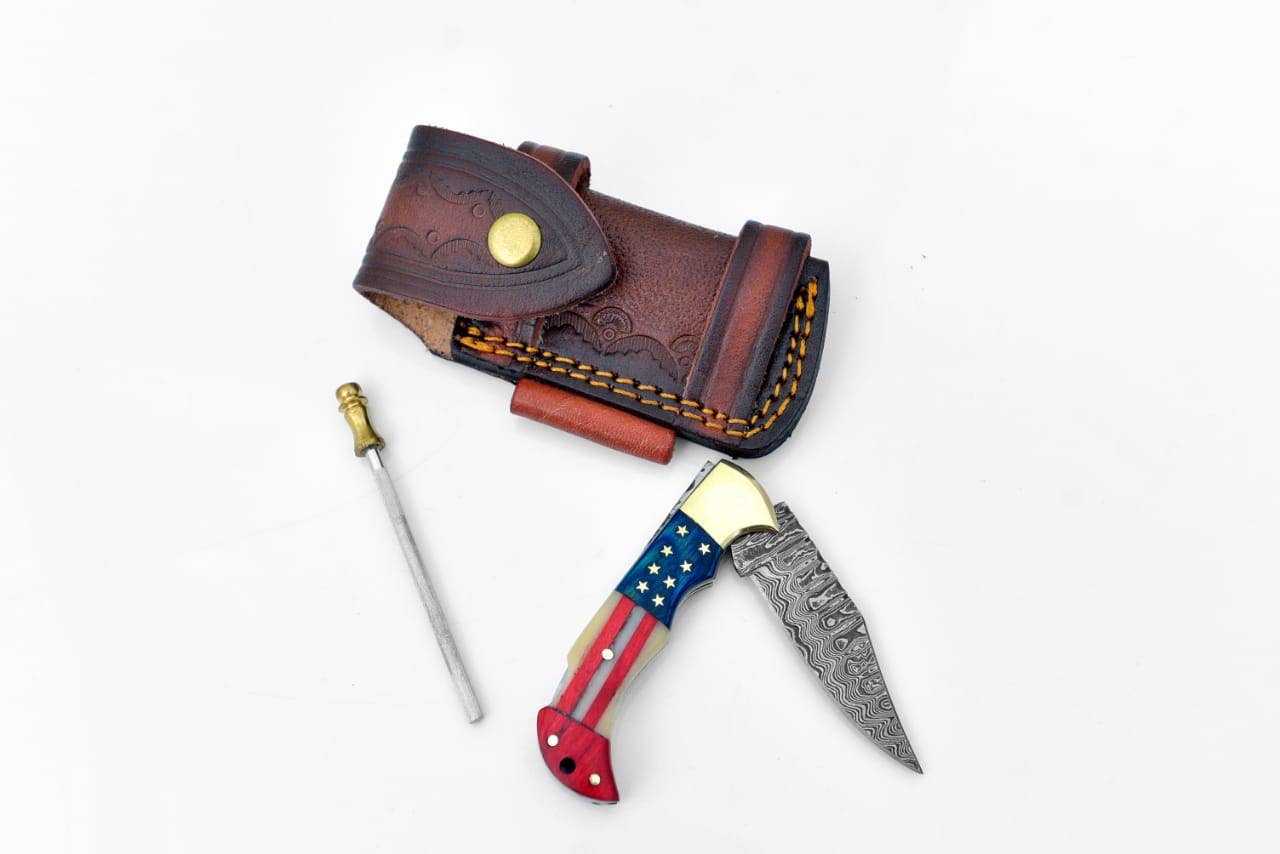 Damascus Steel Pocket Knife Titan Patriot