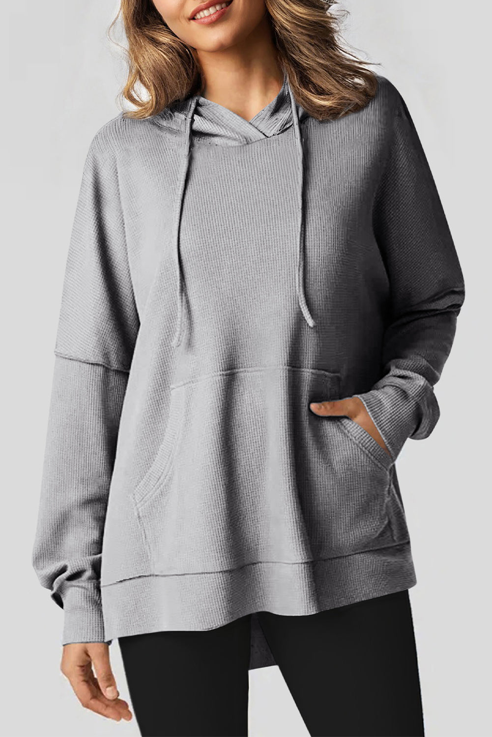 Coffee Waffle Knit Fleece Lined High Low Oversized Hoodie