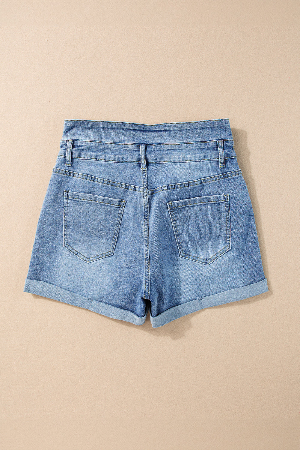 Dusk Blue Button Fly High Waist Roll Edge Denim Shorts