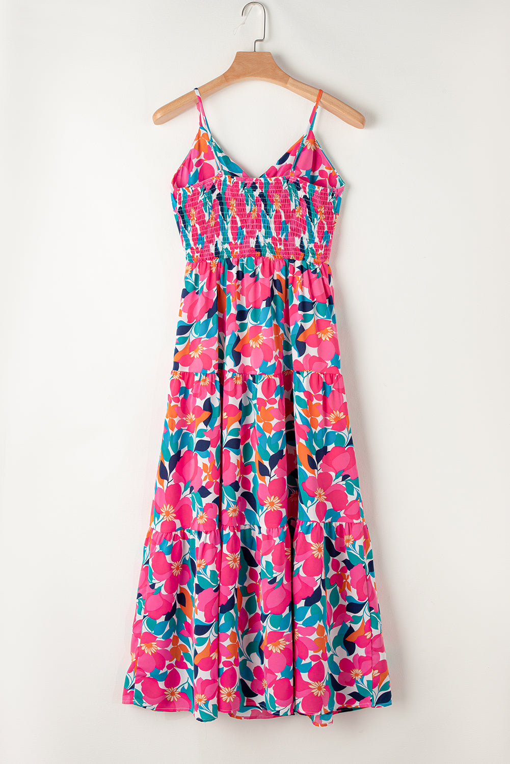 Rose Floral Twisted Smocked Back Tiered Maxi Dress