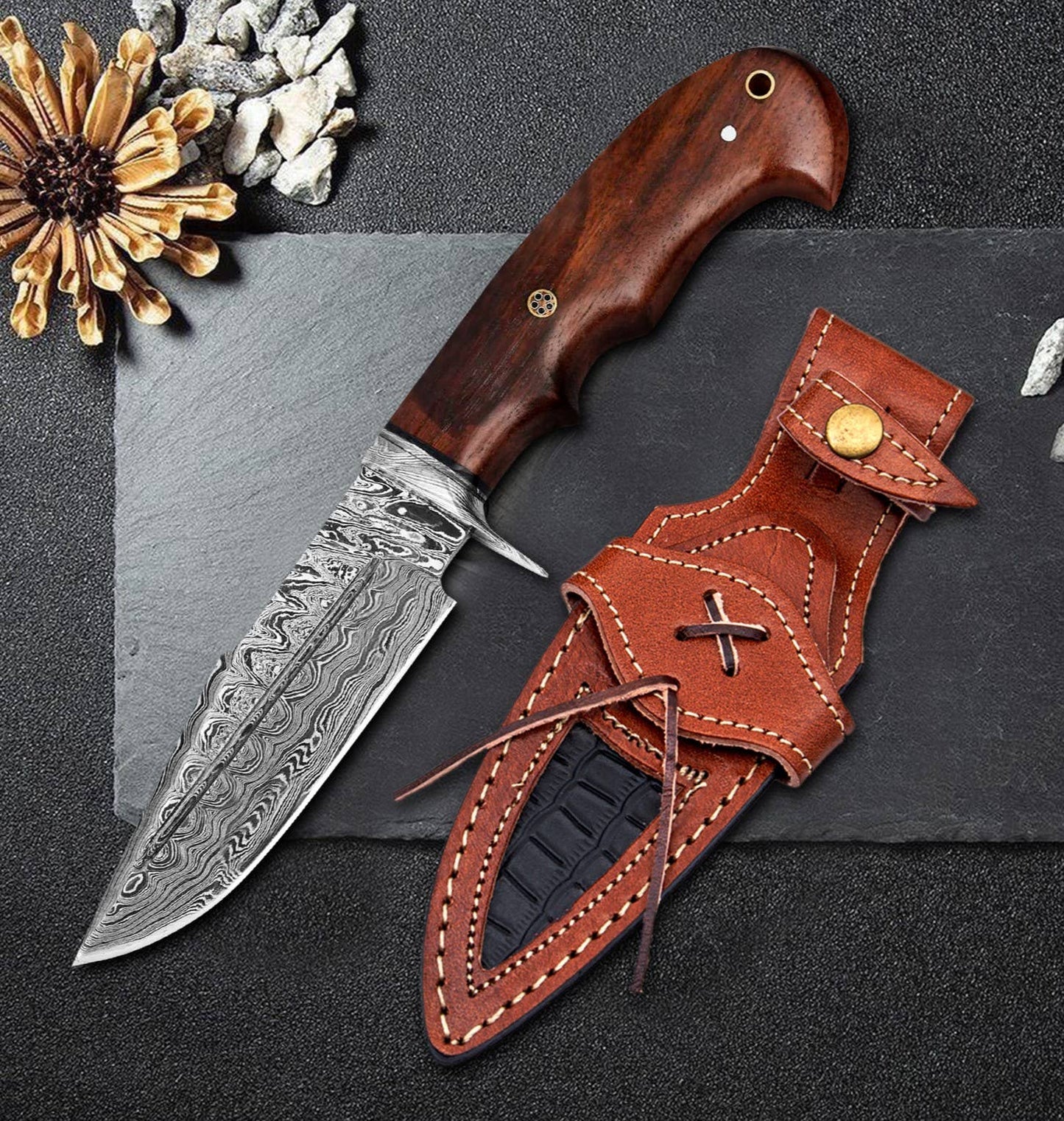 10' Handmade damascus steel knife with leather sheath