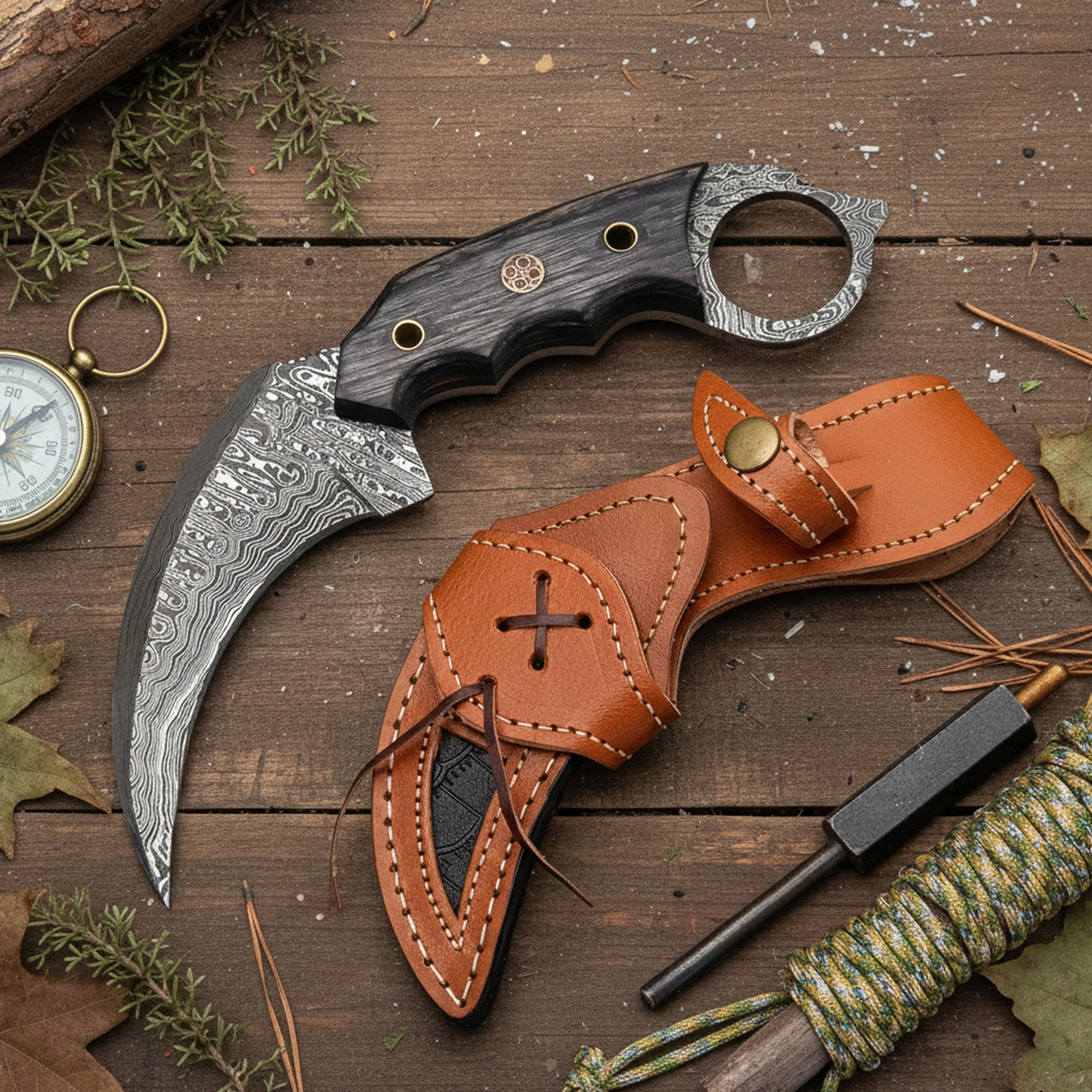 7.5' Handmade damascus steel knife with leather sheath