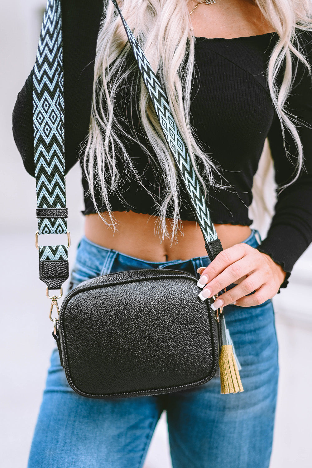 Black Geometric Print Strap Tassel Shoulder Bag