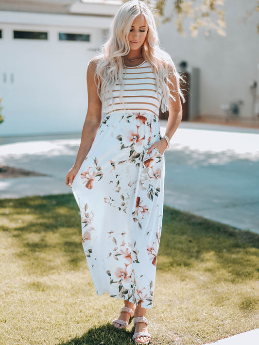 White Striped Floral Print Sleeveless Maxi Dress with Pocket