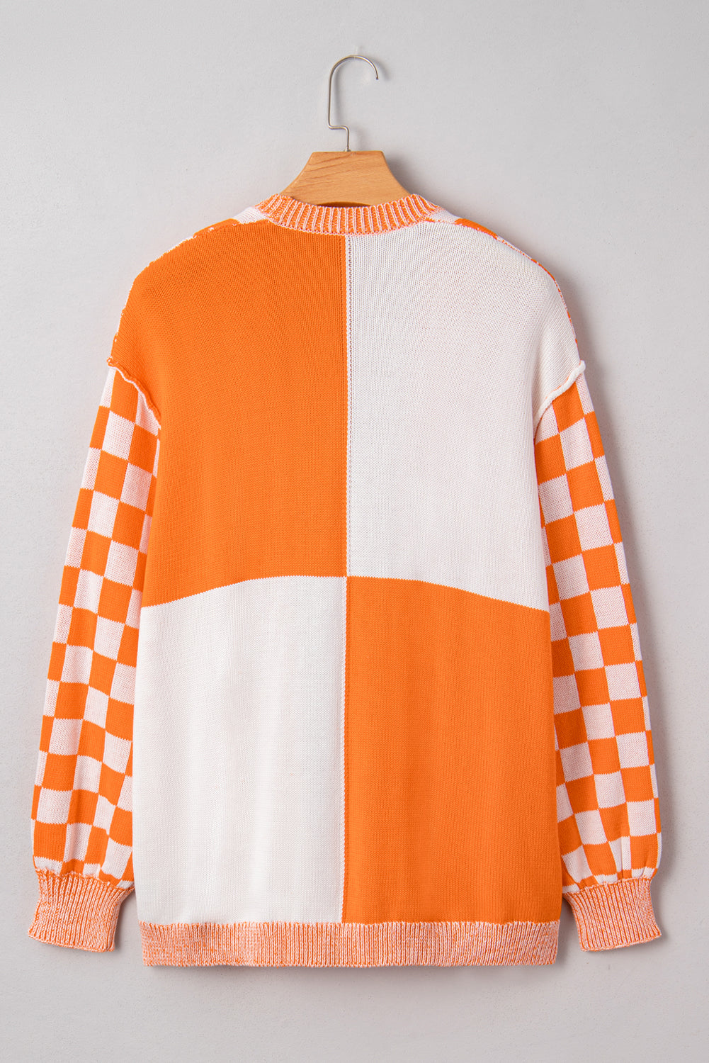 Orange Checkered Bubble Sleeve Drop Shoulder Open Cardigan