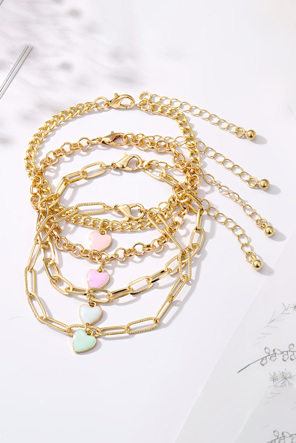 Gold Valentines Heart Multi Layer Adjustable Chain Bracelet