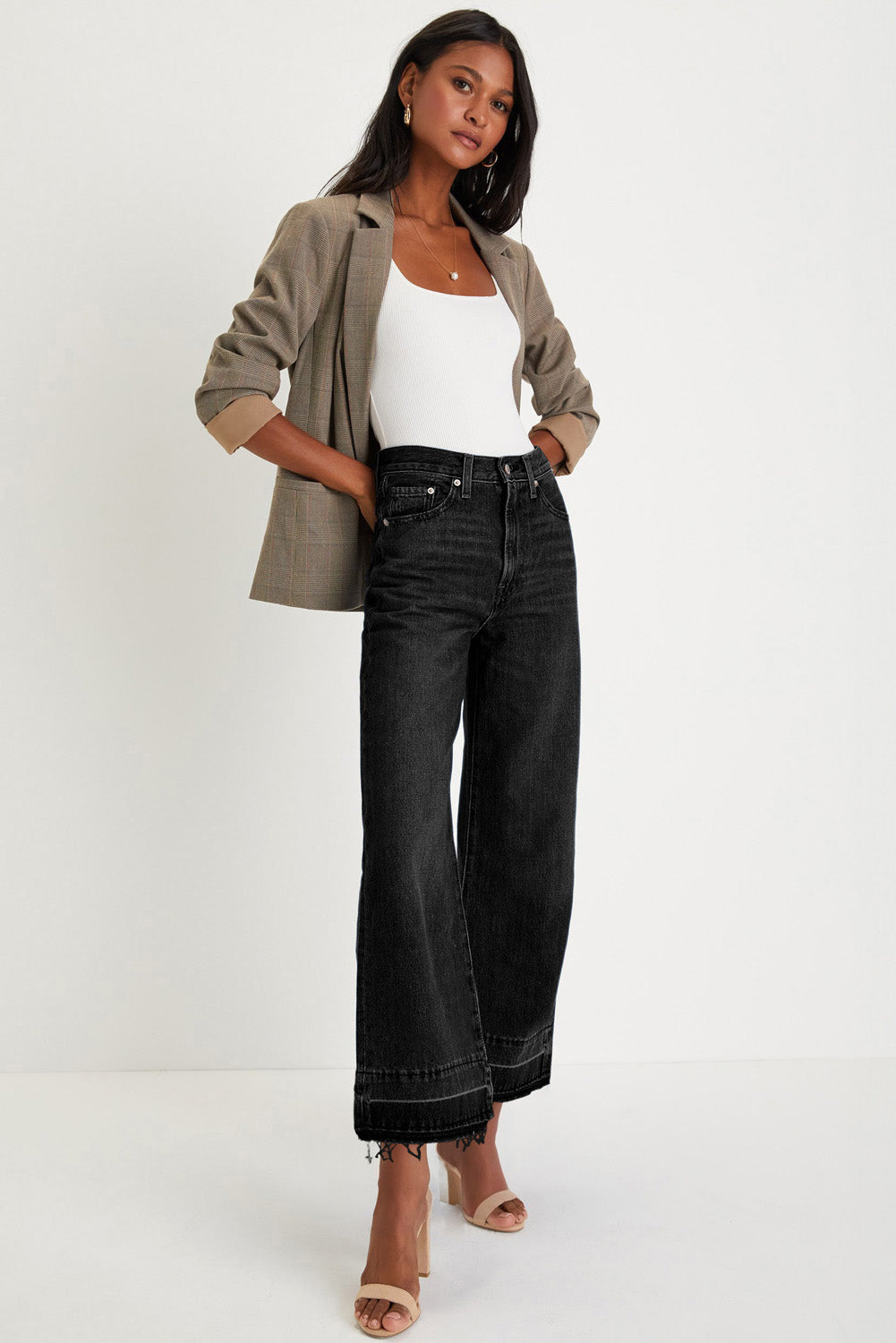Navy Blue Raw Hem Straight Leg Loose High Waist Jeans