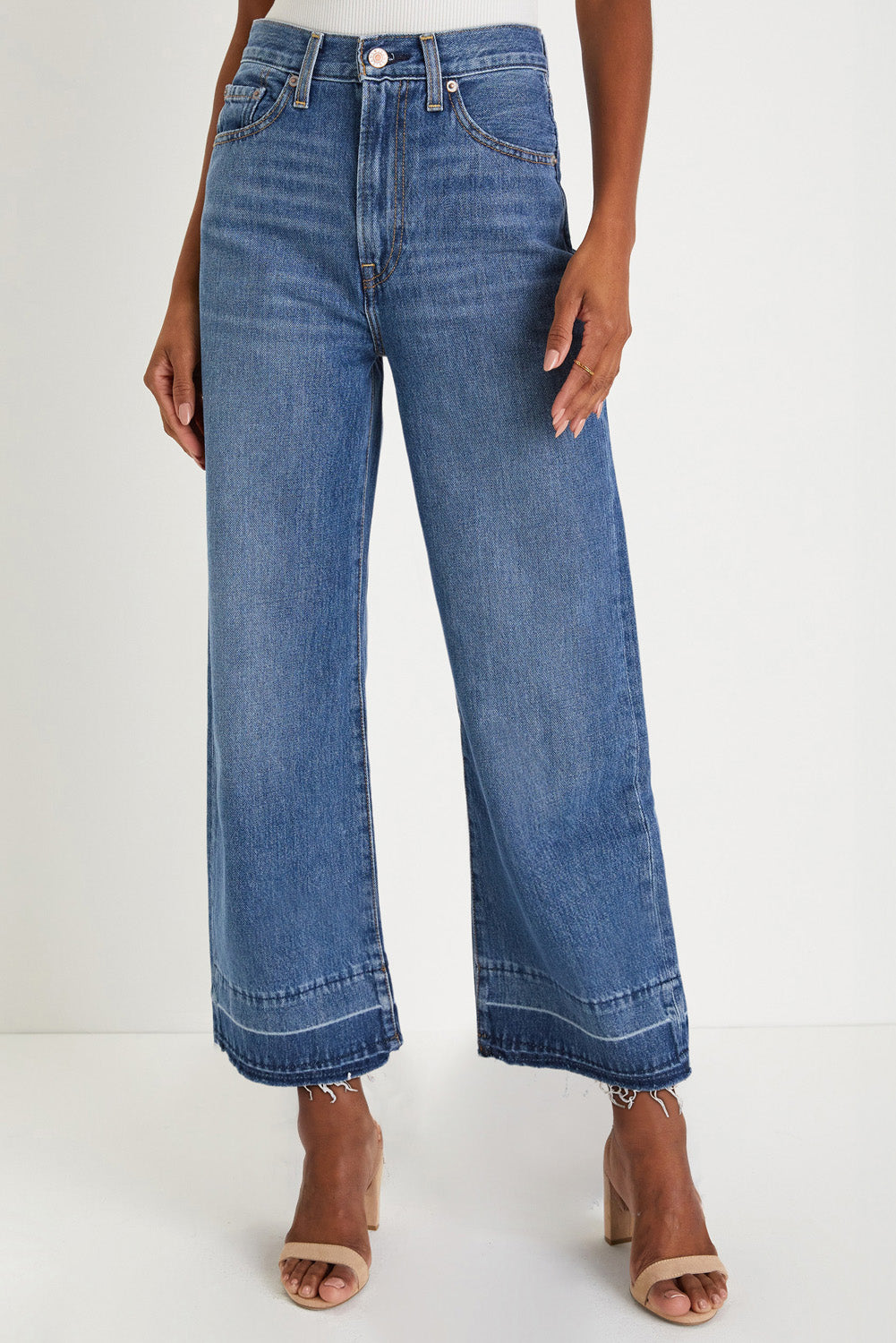 Navy Blue Raw Hem Straight Leg Loose High Waist Jeans