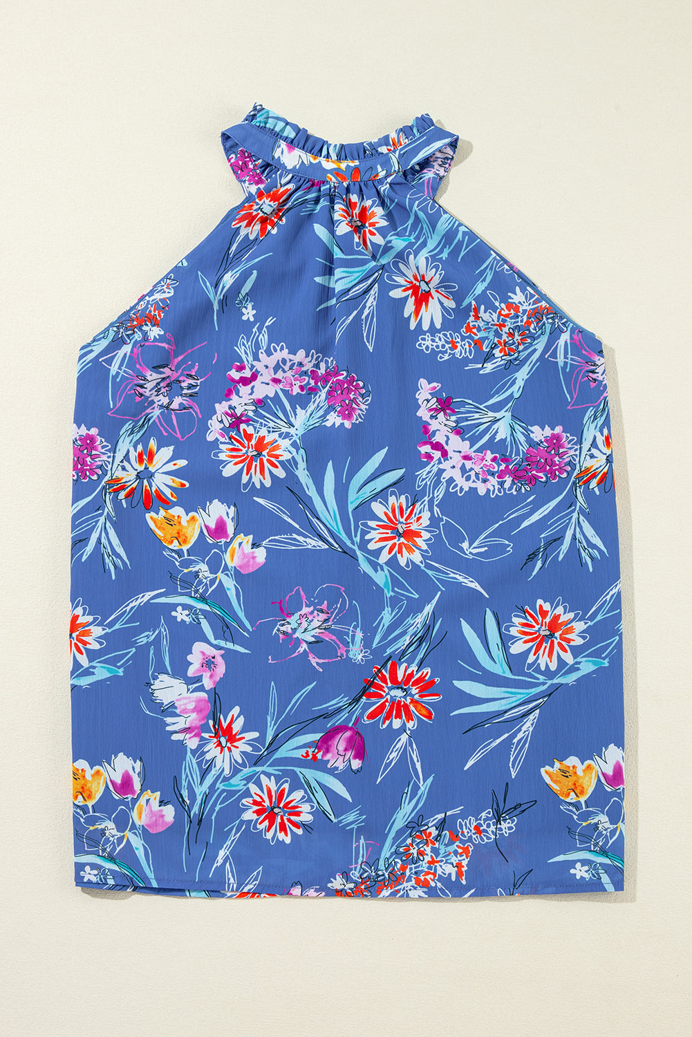 Sky Blue Floral Print Buttoned Neckline Tank Top