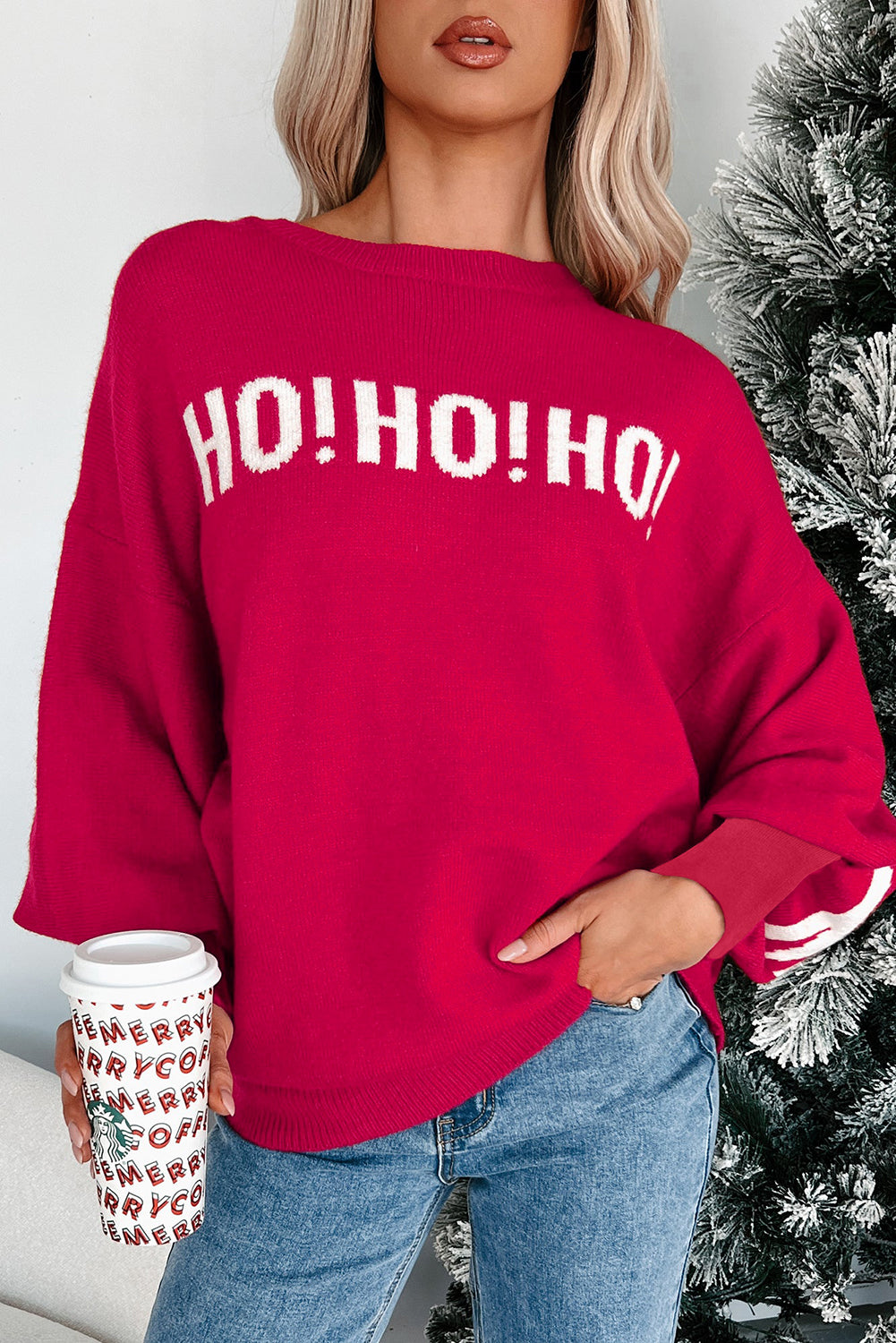 Blackish Green HO HO HO MERRY CHRISTMAS Drop Shoulder Loose Sweater
