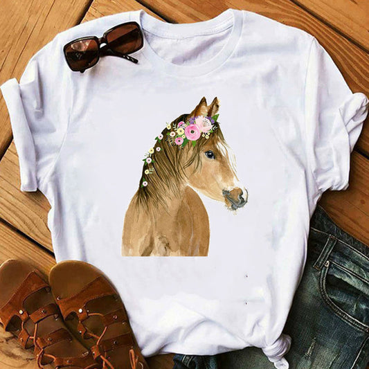 Flowers Printed Horse Short Sleeve T-shirt