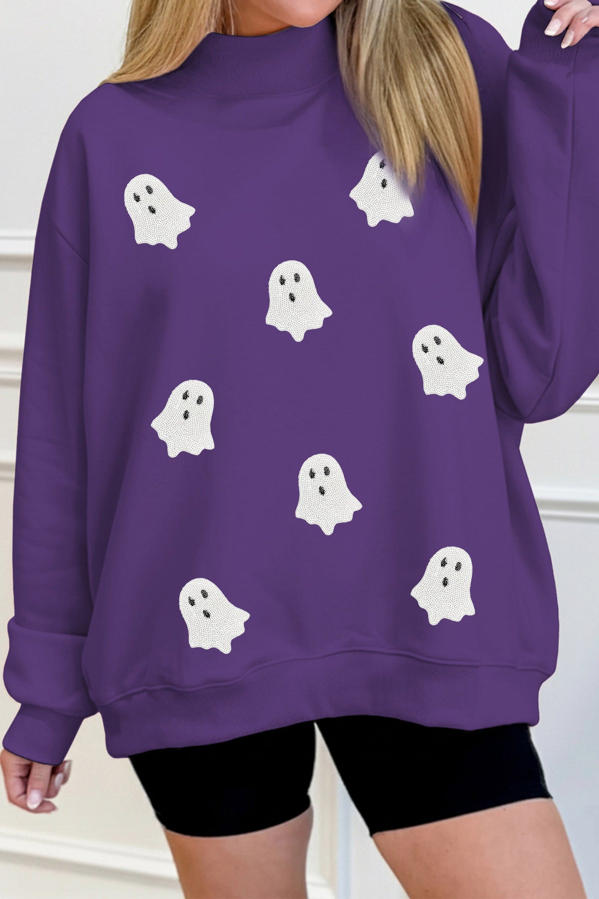 Tillandsia Purple Halloween Sequined Ghost Print Mock Neck Graphic Sweatshirt
