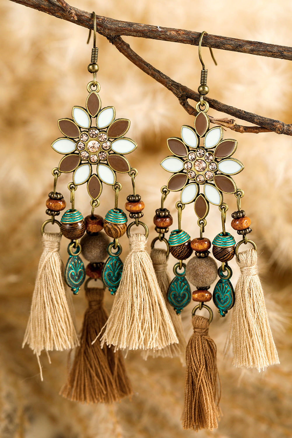 Chestnut Boho Bead Tassel Dangle Earrings