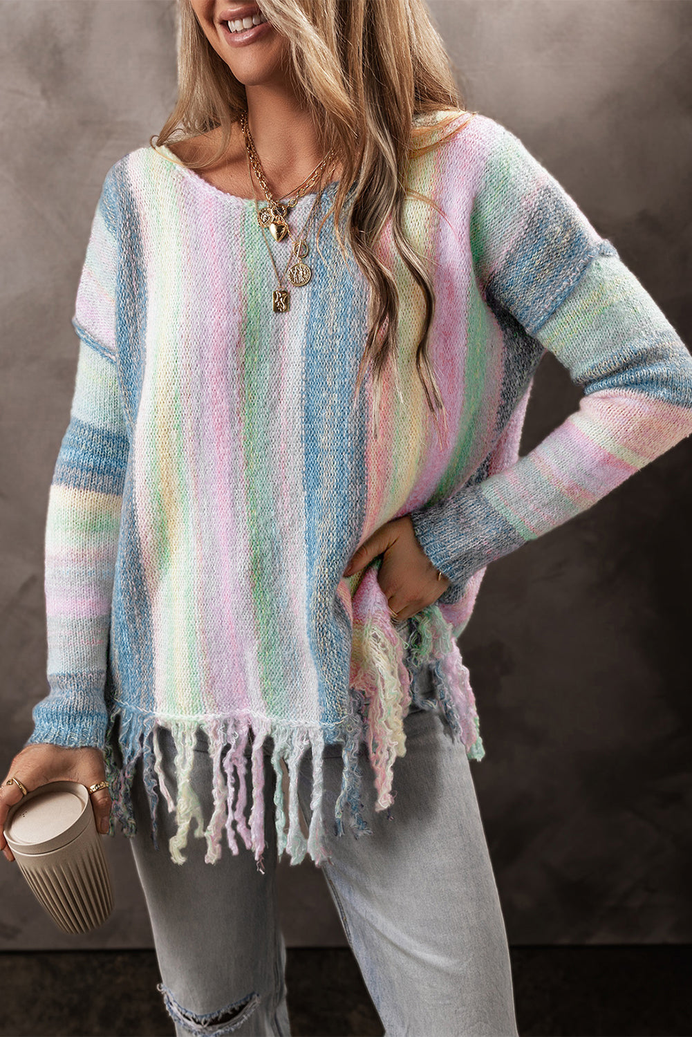 Purple Color Block Fringed Drop Shoulder Tunic Sweater