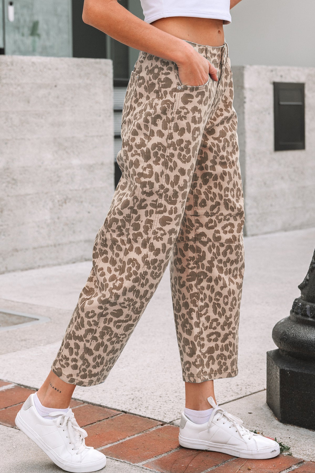 Khaki Leopard Print Barrel Leg Jeans