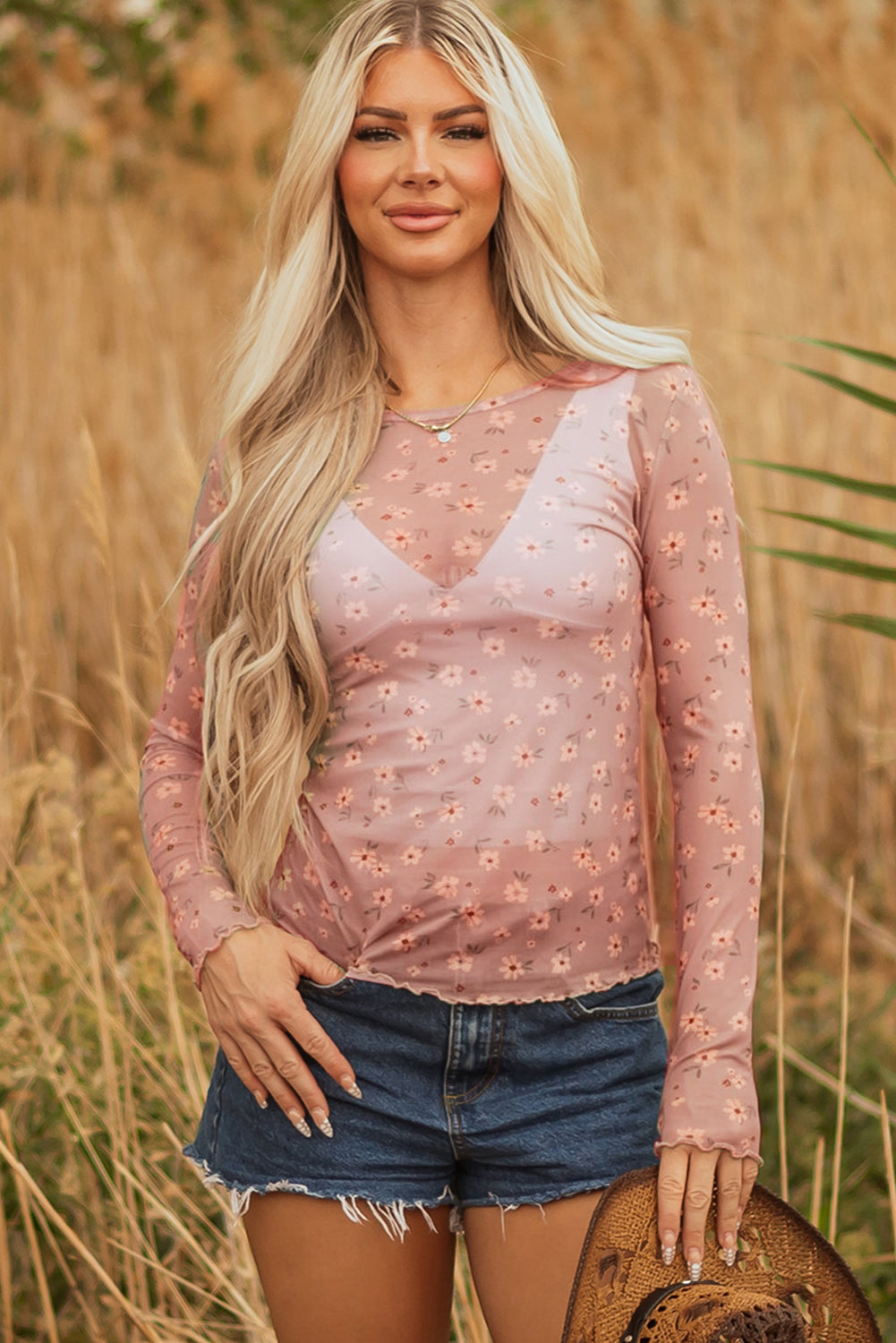 Sky Blue Vintage Floral Print Southern Style Mesh Long Sleeve Top